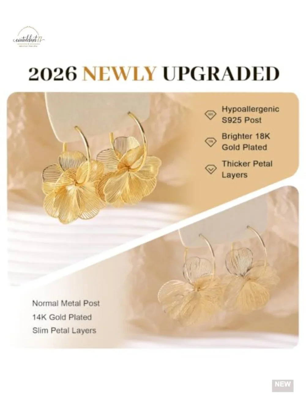 Dangle Flower Earrings - 925 Sterling Silver Post 18K Gold Plated Statement